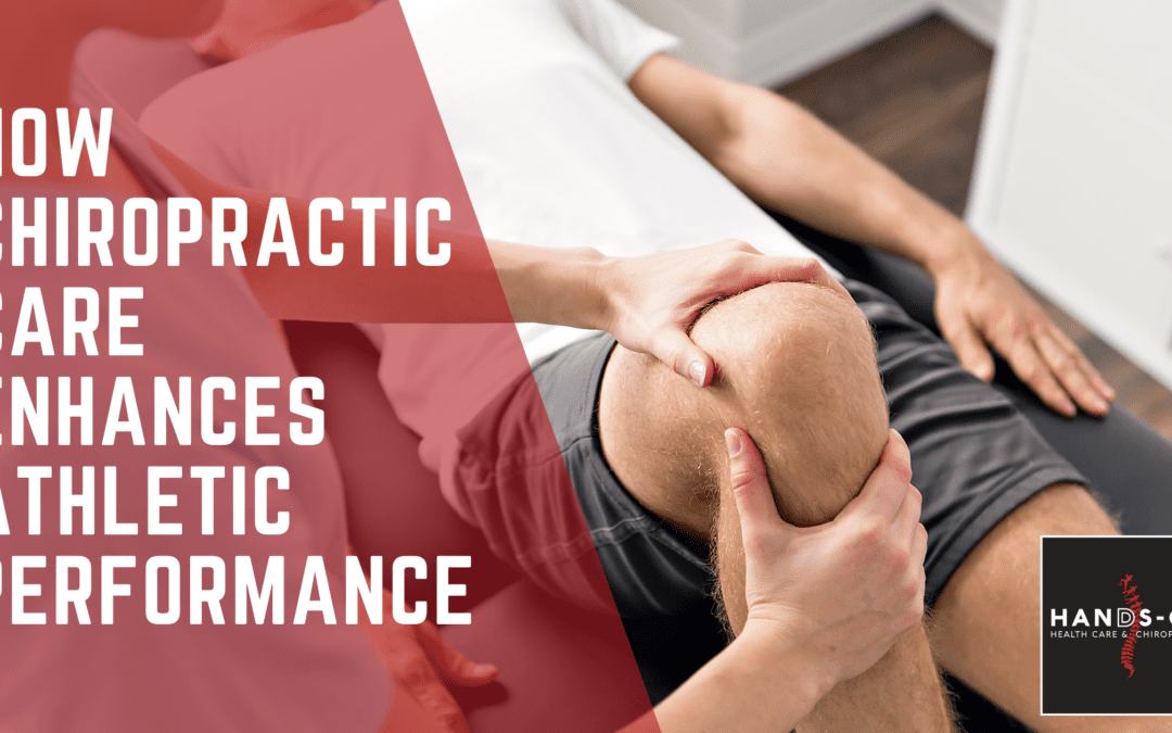 A chiropractor provides an adjustment on an athlete’s knee with the blog title on the left.